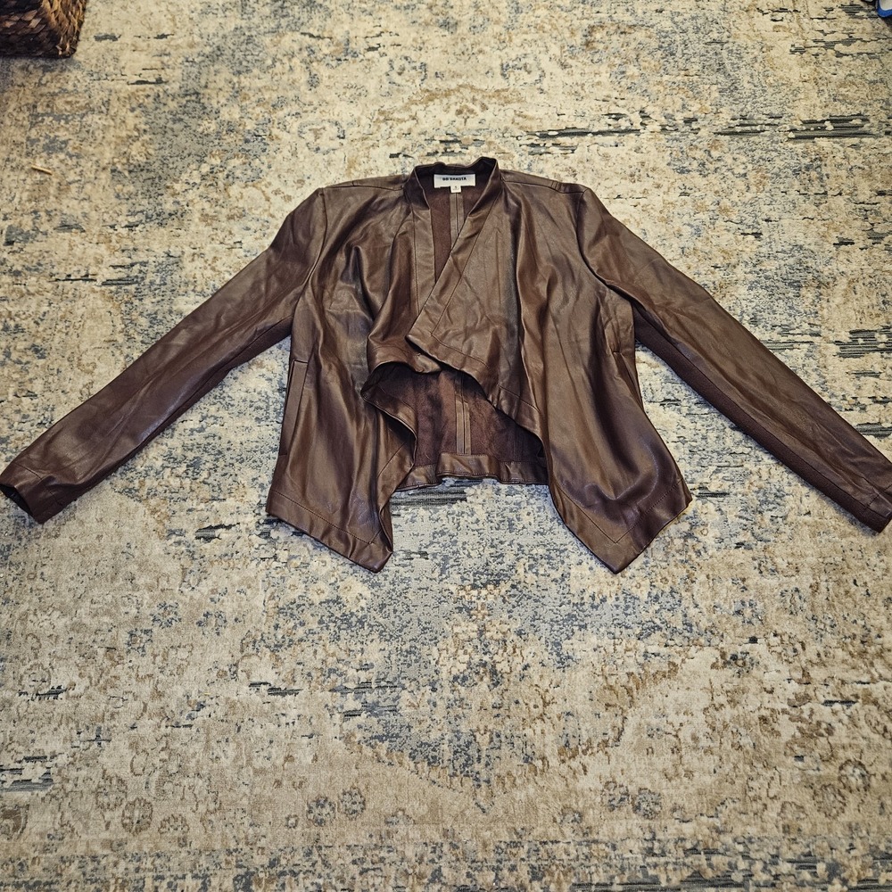 BB Dakota Women's Small Burgundy Brown Vegan Leather Open Drape Front Jacket